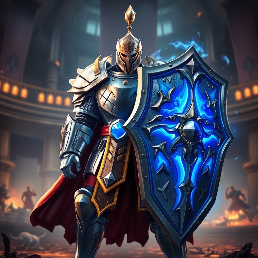 Hero Tigreal Mobile Legends berpose dengan armor baja dan tameng besar di arena pertempuran